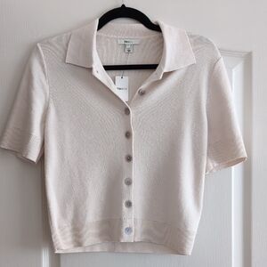 RW&Co Cream Short-Sleeve Button-Down Polo Cardigan